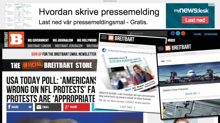 Mynewsdesk, SAS og Schibsted på Breitbart høsten 2017.