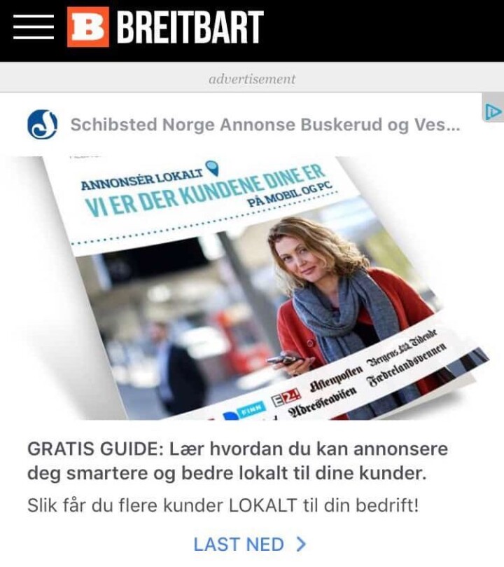 Schibsted-annonsen på Breitbart.
