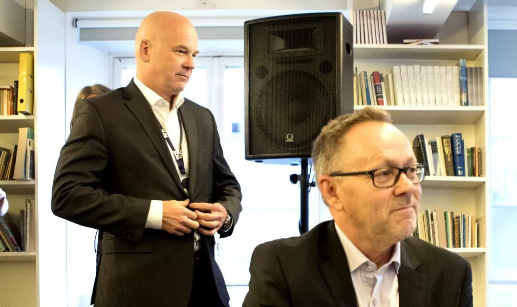 Kringkastingssjef Thor Gjermund Eriksen (t.v.) og Dagblad-sjef John Arne Markussen. Bildet er fra lanseringen av Faktisk våren 2017.