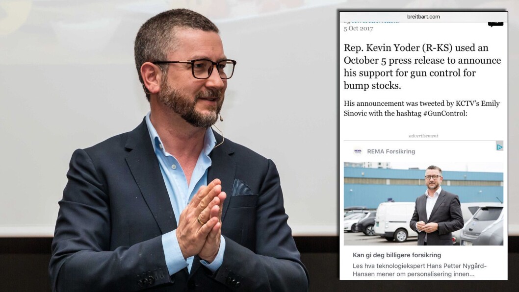 Hans-Petter Nygård-Hansen profilerer Rema Forsikring i VG-annonsen som via Facebook havnet på Breitbart nylig. Hans-Petter Nygård-Hansen profilerer Rema Forsikring i VG-annonsen som via Facebook havnet på Breitbart nylig.