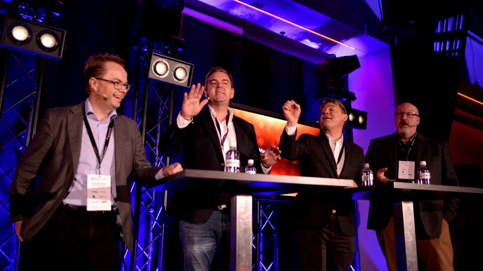 Debatt om radiobransjens utvikling, fra venstre: Forhandlingsdirektør Harald Eide-Fredriksen i Dentsu Aegis, Bauer Media-sjef Lasse Kokvik. P4-sjef Kenneth Andresen og fungerende radiosjef Jon Branæs i NRK.