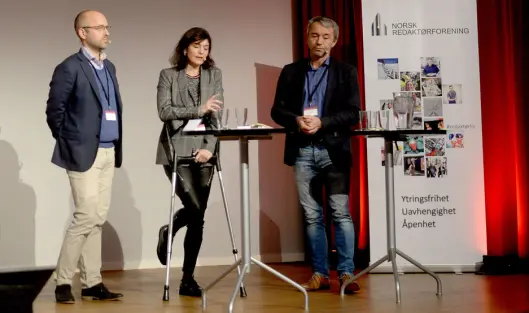 Debatt om samarbeid på NRs høstmøte i Bergen onsdag, fra venstre: NTB-sjef Mads Yngve Storvik, Tinius-direktør Kjersti Løken Stavrum og Amedias styreleder André Støylen. Debatt om samarbeid på NRs høstmøte i Bergen onsdag, fra venstre: NTB-sjef Mads Yngve Storvik, Tinius-direktør Kjersti Løken Stavrum og Amedias styreleder André Støylen.