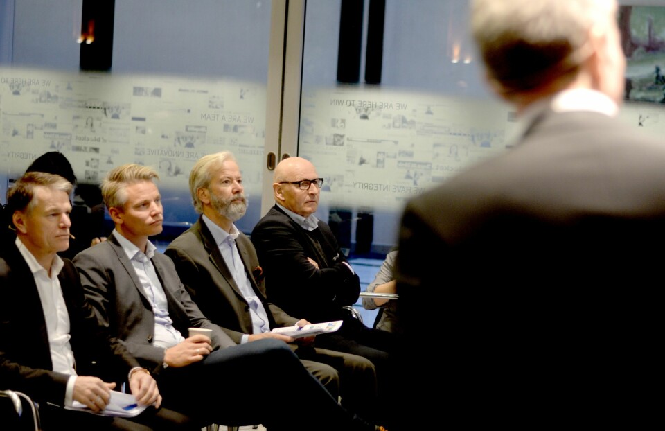 Fra venstre: Finansdirektør Trond Berger, markedsplassdirektør Sondre Gravir, styreleder Ole Jacob Sunde og avtroppende Schibsted Norge-sjef Didrik Munch.