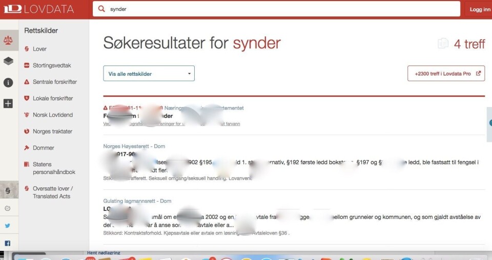 Søk på «synder» ga fire treff i Lovdatas åpne sider, og 2300 treff i Lovdata Pro. Skjermbildet er retusjert av Medier24. Søk på «synder» ga fire treff i Lovdatas åpne sider, og 2300 treff i Lovdata Pro. Skjermbildet er retusjert av Medier24.
