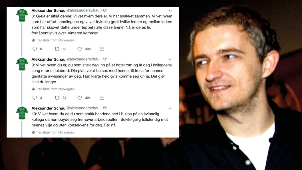 Aleksander Schau - her som TV 2-ansatt på en Premier League-lansering i 2010. Innfelt: Noen av twittermeldingene hans lørdag kveld. Aleksander Schau - her som TV 2-ansatt på en Premier League-lansering i 2010. Innfelt: Noen av twittermeldingene hans lørdag kveld.