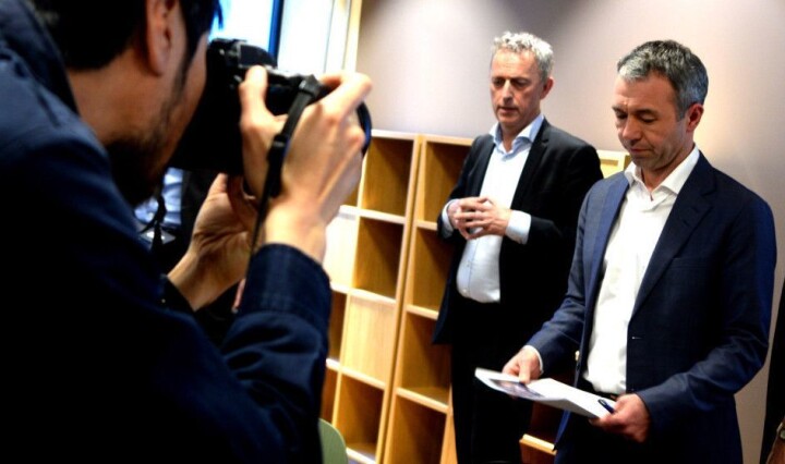 Konsernsjef Are Stokstad og styreleder André Støylen i Amedia. Fra en pressekonferanse om salg av konsernet vinteren 2016.