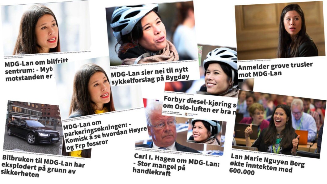 «MDG-LAN»: Et utvalg eksempler på Nettavisens omtaler av miljøbyråd Lan Marie Nguyen Berg i Oslo kommune. «MDG-LAN»: Et utvalg eksempler på Nettavisens omtaler av miljøbyråd Lan Marie Nguyen Berg i Oslo kommune.