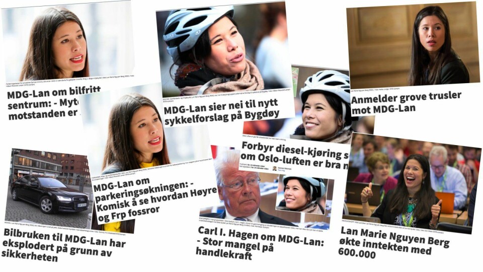 «MDG-LAN»: Et utvalg eksempler på Nettavisens omtaler av miljøbyråd Lan Marie Nguyen Berg i Oslo kommune.