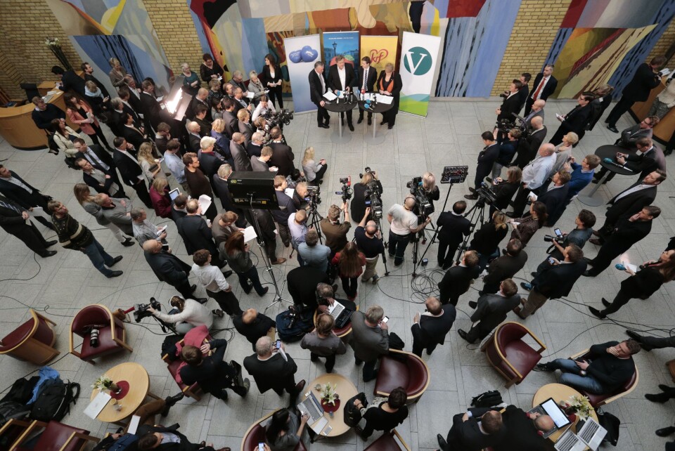 Fra en pressekonferanse på Stortinget. Fra en pressekonferanse på Stortinget.
