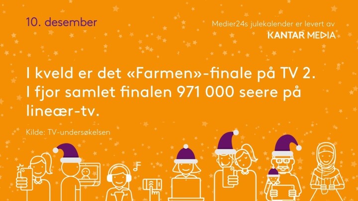 10. desember, og i kveld er det finale i Farmen. Bak dagens luke får du vite: Hvor mange så den på TV i fjor?