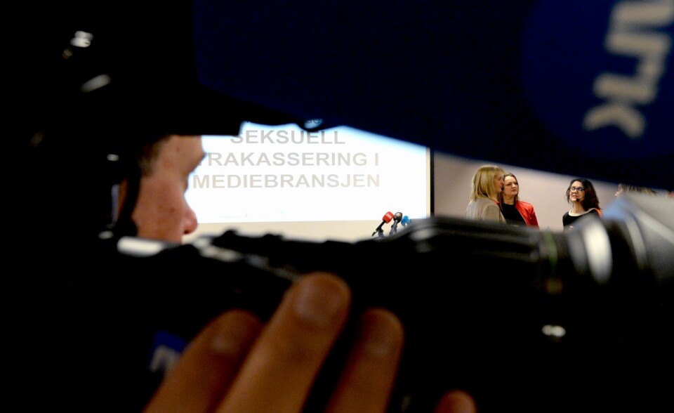 15. desember 2017 la medieorganisasjonene fram en stor undersøkelse om seksuell trakassering. Til høyre i bildet; MBL-direktør Randi Øgrey, NJ-leder Hege Iren Frantzen og assisterende generalsekretær Reidun Kjelling Nybø i Norsk Redaktørforening.