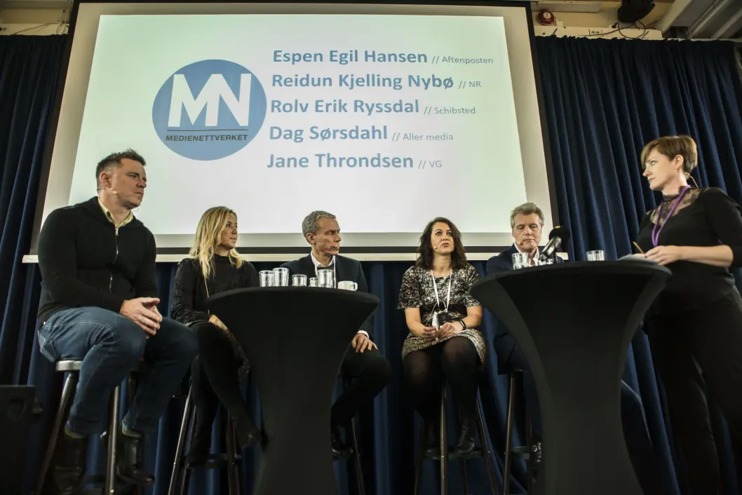 DEBATT: #MeToo og kvinnelige medieledere satte dagsorden i fjor høst. Her fra en debatt i regi av Medienettverket for kvinner i ledelse i november. Fra venstre: Espen Egil Hansen (Aftenposten), Jane Throndsen (VG), Rolv Erik Ryssdal (Schibsted), Reidun Kjelling Nybø (NR) og Dag Sørsdahl (Aller media). Debattleder Veslemøy Østrem. DEBATT: #MeToo og kvinnelige medieledere satte dagsorden i fjor høst. Her fra en debatt i regi av Medienettverket for kvinner i ledelse i november. Fra venstre: Espen Egil Hansen (Aftenposten), Jane Throndsen (VG), Rolv Erik Ryssdal (Schibsted), Reidun Kjelling Nybø (NR) og Dag Sørsdahl (Aller media). Debattleder Veslemøy Østrem.