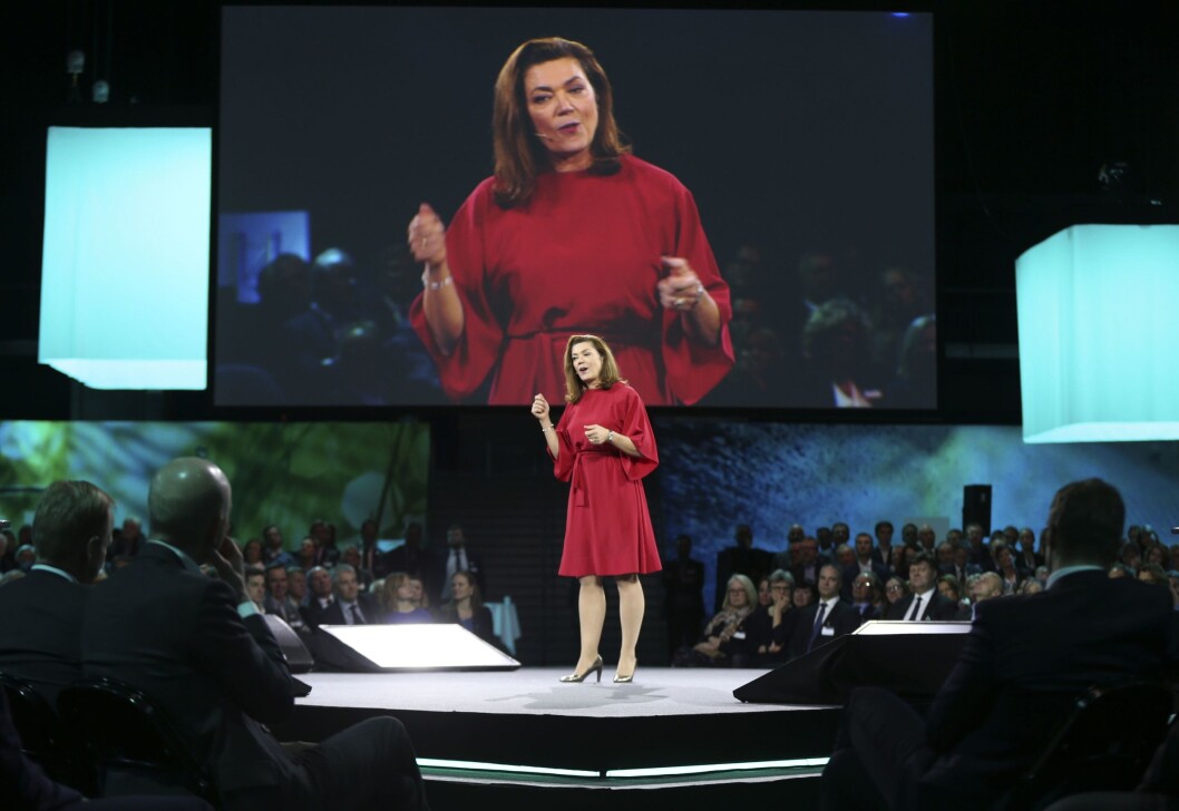 NHO-sjef Kristin Skogen Lund på årskonferanses 2017. NHO-sjef Kristin Skogen Lund på årskonferanses 2017.