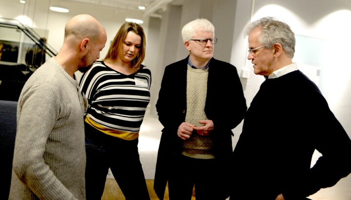 Fra venstre: NRKs etikkredaktør Per Arne Kalbakk, NJs leder Hege Iren Frantzen, nestleder Dag Idar Tryggestad - og PFU-leder Alf Bjarne Johnsen.