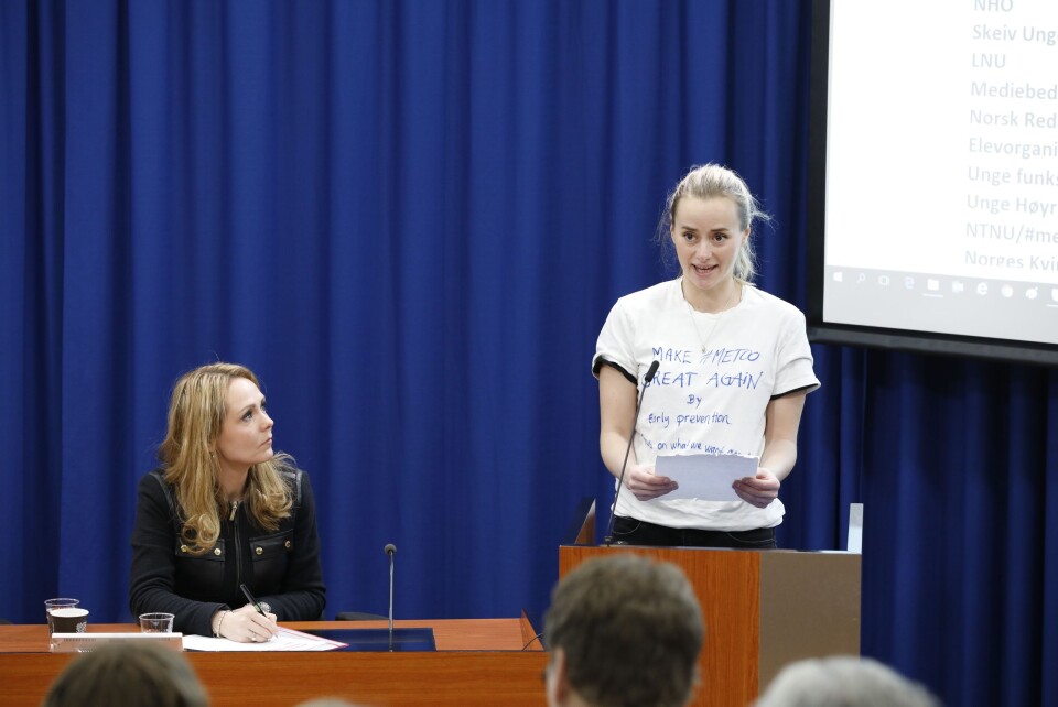 Tale Krohn Engvik, Helsesista som talte da Barne- og likestillingsminister Linda Hofstad Helleland inviterer representanter fra en rekke sektorer til møte for å få innspill knyttet til metoo og arbeidet mot seksuell trakassering.Foto: Gorm Kallestad / NTB scanpix Tale Krohn Engvik, Helsesista som talte da Barne- og likestillingsminister Linda Hofstad Helleland inviterer representanter fra en rekke sektorer til møte for å få innspill knyttet til metoo og arbeidet mot seksuell trakassering.Foto: Gorm Kallestad / NTB scanpix