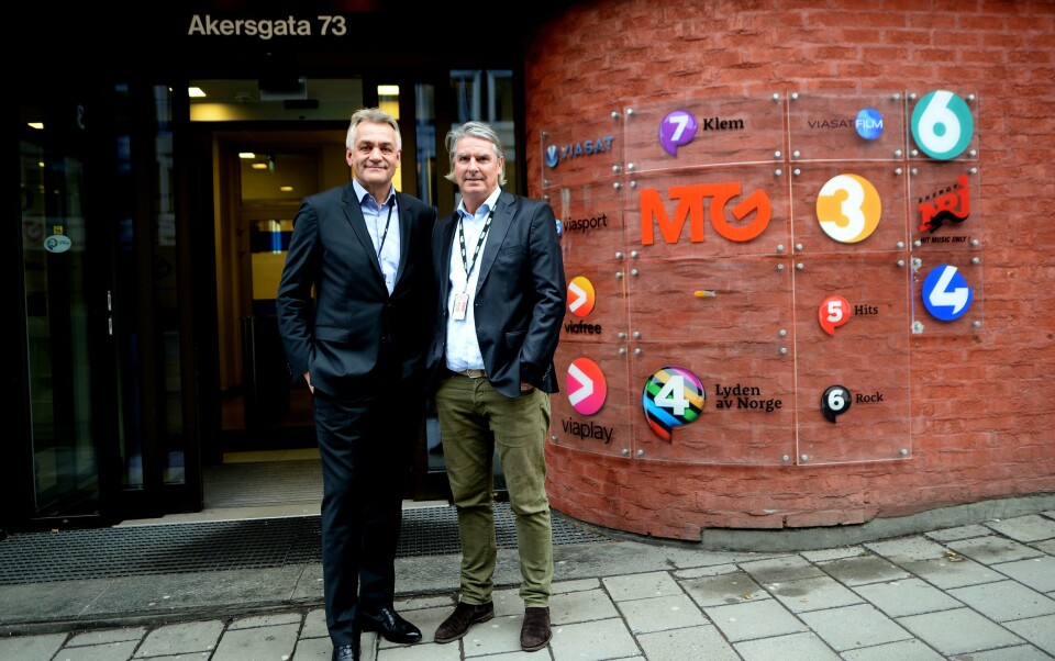 Get-sjef Gunnar Evensen og MTG Norge-sjef Morten Aass i Akersgata torsdag formiddag. Hvor det nye selskapet får hovedkontor i Norge er foreløpig uklart; Get med sine 800 ansatte sitter på Tåsen i Oslo.