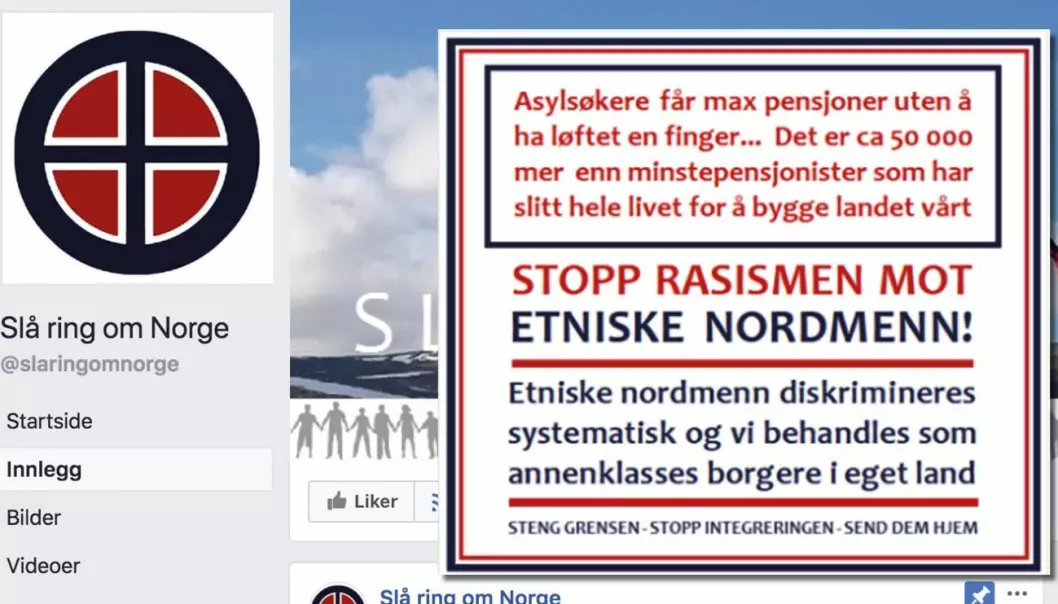 Facebook-siden «Slå ring om Norge» publiserte nylig påstanden om asylsøkeres pensjon (innfelt). Den er senere fjernet fra siden.