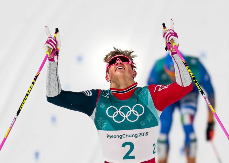 Johannes Høsflot Klæbo jubler over sprintgullet under vinter-OL under Olympiske leker i Pyeongchang 2018.Foto: Lise Åserud / NTB scanpix