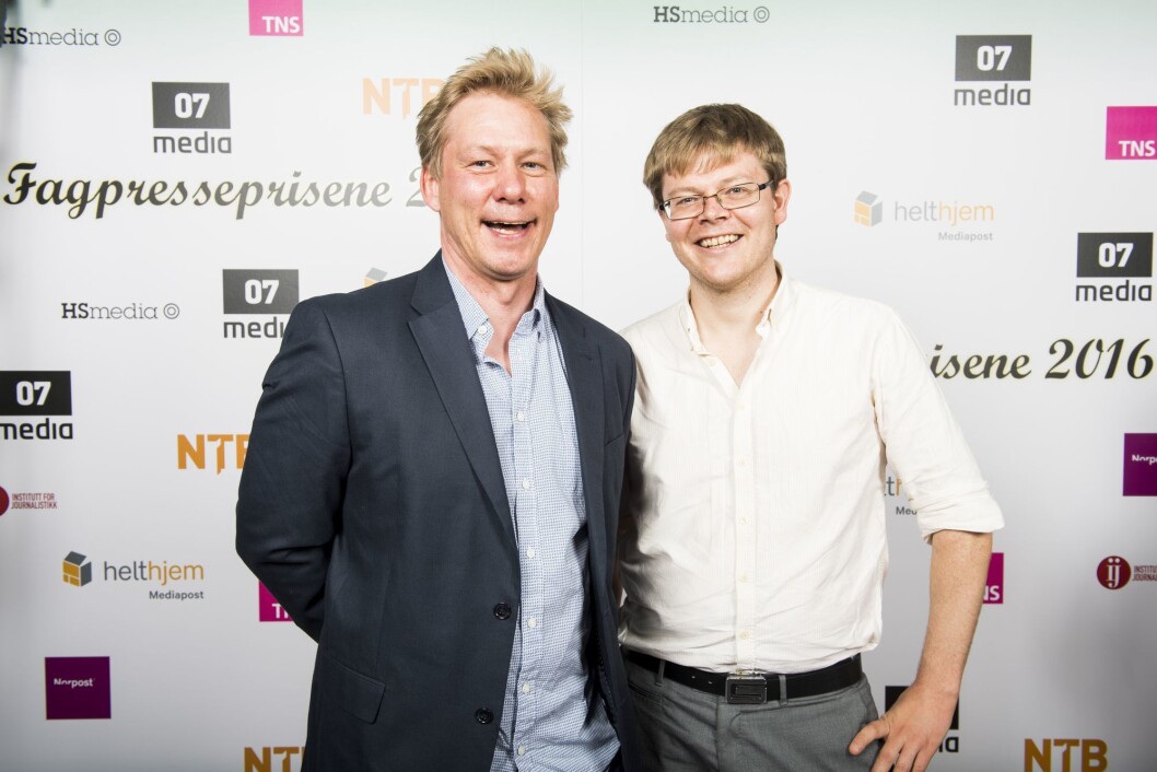 Avtroppende og påtroppende: Martin Huseby Jensen gir seg som redaktør for Journalisten. Glenn Slydal Johansen blir konstituert fra 1. mars. Bildet er fra Fagpressens prisfest våren 2016. Avtroppende og påtroppende: Martin Huseby Jensen gir seg som redaktør for Journalisten. Glenn Slydal Johansen blir konstituert fra 1. mars. Bildet er fra Fagpressens prisfest våren 2016.