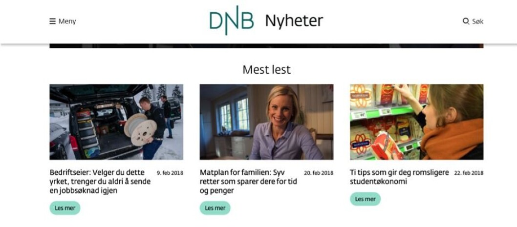 FORBRUKERSTOFF: - De mest leste sakene til DNB Nyheter er klassisk forbrukerstoff, og i liten grad saker som gir dypere kunnskap om tilstanden i norske bedrifter og næringsliv, skriver Jostein Larsen Østring. FORBRUKERSTOFF: - De mest leste sakene til DNB Nyheter er klassisk forbrukerstoff, og i liten grad saker som gir dypere kunnskap om tilstanden i norske bedrifter og næringsliv, skriver Jostein Larsen Østring.