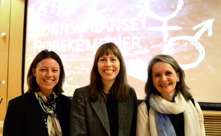 JOBBER FOR KJØNNSBALANSE, fra venstre: Organisasjonsdirektør Sarah Willand i TV 2, Morgenbladet-sjef Anna B. Jenssen og politisk redaktør Hanne Skartveit i VG. JOBBER FOR KJØNNSBALANSE, fra venstre: Organisasjonsdirektør Sarah Willand i TV 2, Morgenbladet-sjef Anna B. Jenssen og politisk redaktør Hanne Skartveit i VG.