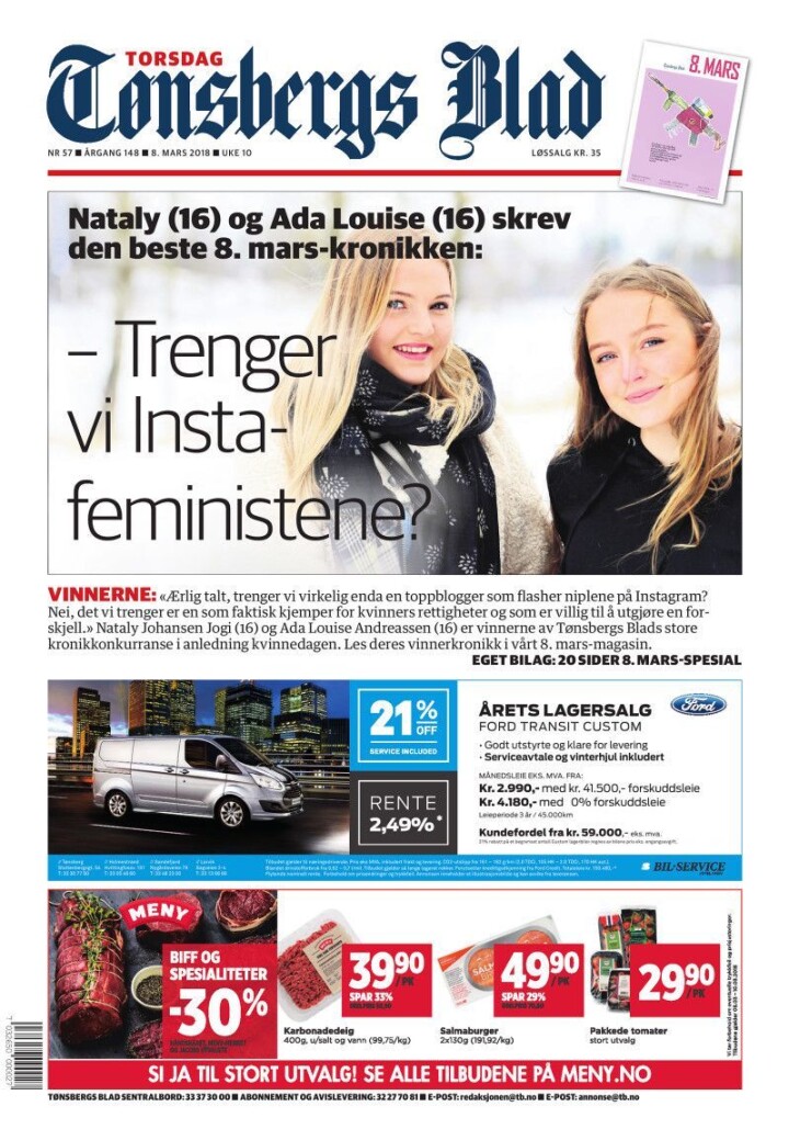 Tønsberg Blads forside i dag.