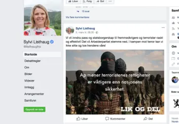Sylvi Listhaug har slettet dette innlegget fra sin offentlige facebookprofil. Listhaug slettet bildet etter påtrykk fra bildebyrået AP som ikke tilater bruk av sine bilder i politiske kampanjer.Foto: Skjermdump Facebook / NTB scanpix. Sylvi Listhaug har slettet dette innlegget fra sin offentlige facebookprofil. Listhaug slettet bildet etter påtrykk fra bildebyrået AP som ikke tilater bruk av sine bilder i politiske kampanjer.Foto: Skjermdump Facebook / NTB scanpix.