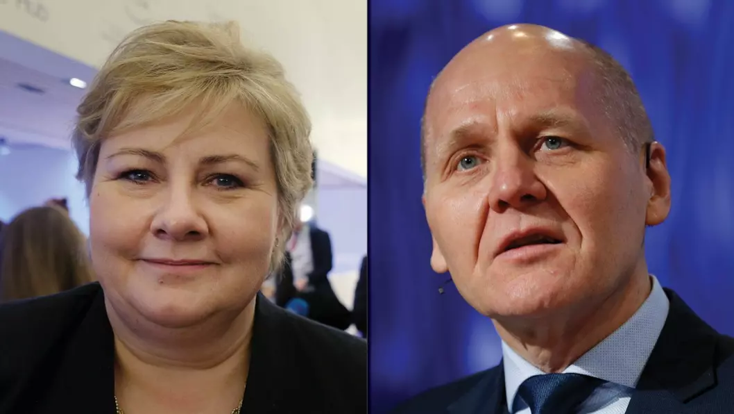 Statsminister Erna Solberg og Telenor-sjef Sigve Brekke.
