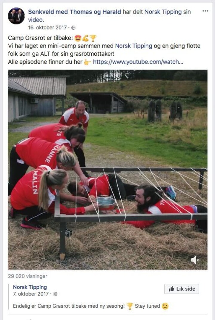 Slik delte Senkveld et kommersielt innslag for Norsk Tipping på egen Facebook-vegg.