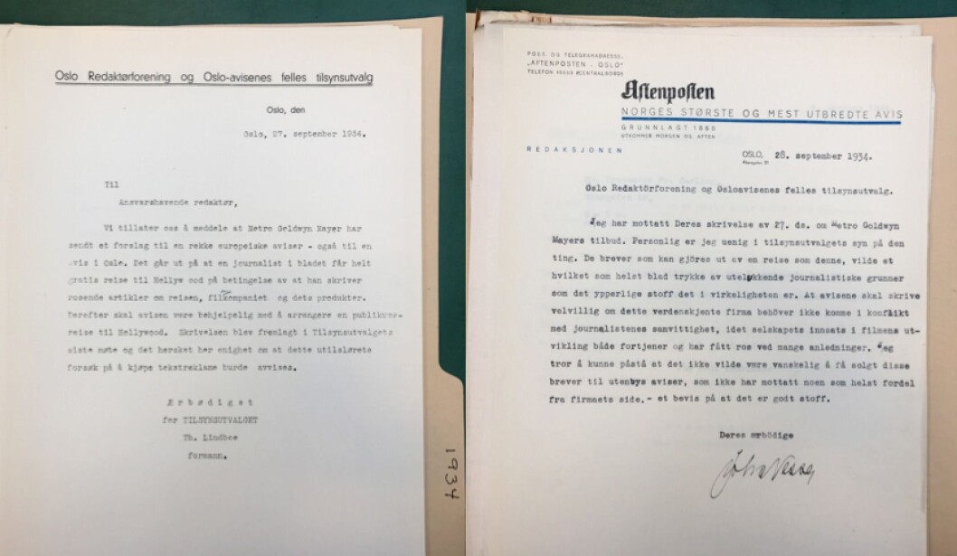 Brev fra Tilsynsutvalget i 1934 der utvalget fraråder redaksjoner å si ja til gratis tur til Hollywood mot å skrive rosende omtale av reisen og filmselskapet, og videre: svaret fra Aftenposten som er uenig med tilsynsutvalget i dette (arkivreferanse: Tekstreklameutvalget/Riksarkivet). Brev fra Tilsynsutvalget i 1934 der utvalget fraråder redaksjoner å si ja til gratis tur til Hollywood mot å skrive rosende omtale av reisen og filmselskapet, og videre: svaret fra Aftenposten som er uenig med tilsynsutvalget i dette (arkivreferanse: Tekstreklameutvalget/Riksarkivet).