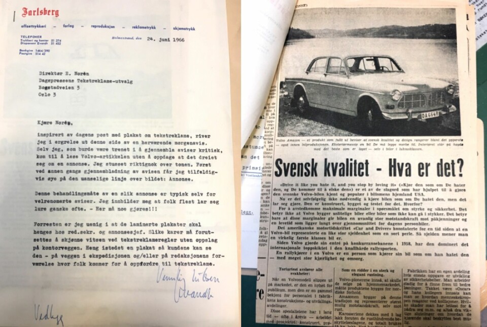 Brev fra 1966: Jarlsberg avis sin irritasjon over annonser som ser ut som redaksjonelt stoff, for øvrig forbausende likt debatten om annonsørinnhold i dag (arkivreferanse: Tekstreklameutvalget/Riksarkivet).