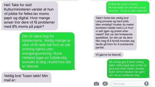 Sms-ene er hentet fra Landslaget for lokalaviser (LLA) sitt arbeid med nullmomssaken, og burde kanskje vært arkivert. Sms-ene er hentet fra Landslaget for lokalaviser (LLA) sitt arbeid med nullmomssaken, og burde kanskje vært arkivert.