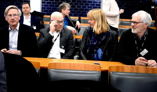 Fra Medietilsynets presentasjon for noen uker siden: NRKs styreleder Birger Magnus, kringkastingssjef Thor Gjermund Eriksen, MBL-direktør Randi Øgrey og Stig Finslo, direktør for utgiverspørsmål og kommunikasjon i Amedia. Fra Medietilsynets presentasjon for noen uker siden: NRKs styreleder Birger Magnus, kringkastingssjef Thor Gjermund Eriksen, MBL-direktør Randi Øgrey og Stig Finslo, direktør for utgiverspørsmål og kommunikasjon i Amedia.