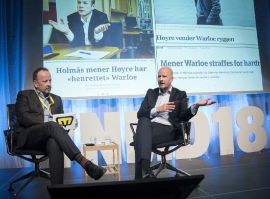 VG-kommentator Frithjof Jacobsen som utspørrer i møte med eksspinndoktor Sigbjørn Aanes under Nordiske mediedager. VG-kommentator Frithjof Jacobsen som utspørrer i møte med eksspinndoktor Sigbjørn Aanes under Nordiske mediedager.