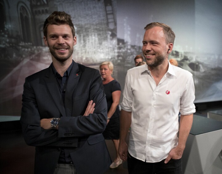 STYRE LANDET? Det vil gjerne norske journalister. Rødt-leder Bjørnar Moxnes og SV-leder Audun Lysbakken. Bildet er fra Arendalsuka i august 2017.