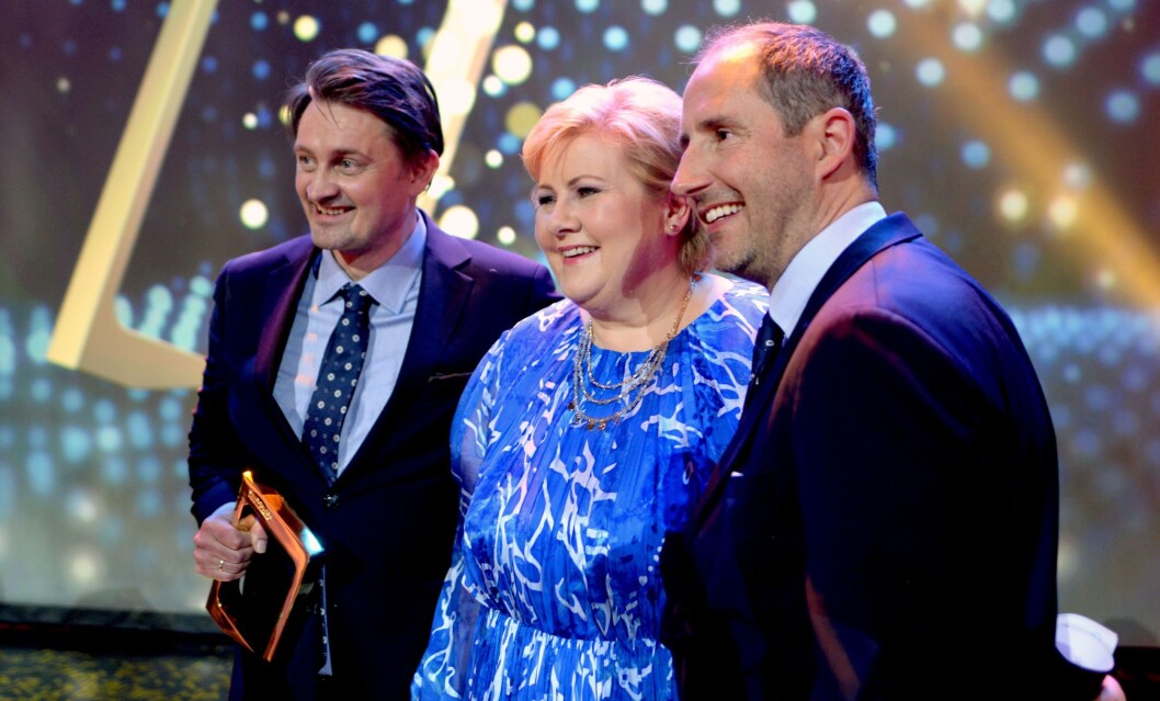 HEDRET SENKVELD-DUOEN: Statsminister Erna Solberg delte ut Gullrutens hederspris til Thomas Numme og Harald Rønneberg. HEDRET SENKVELD-DUOEN: Statsminister Erna Solberg delte ut Gullrutens hederspris til Thomas Numme og Harald Rønneberg.