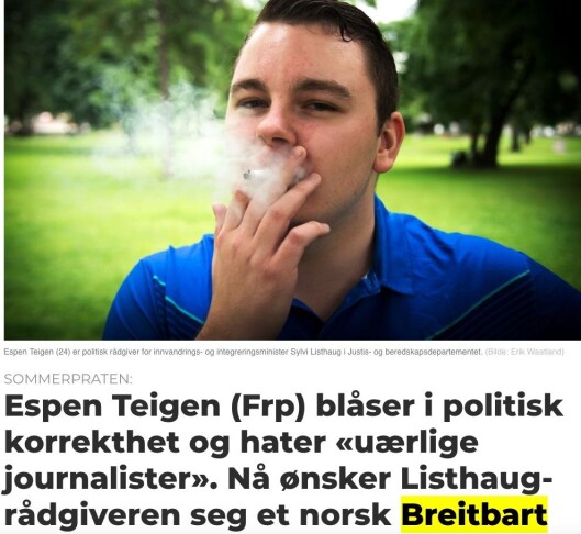 Listhaug-rådgiver Espen Teigen i et intervju med Medier24 sommeren 2017. Listhaug-rådgiver Espen Teigen i et intervju med Medier24 sommeren 2017.