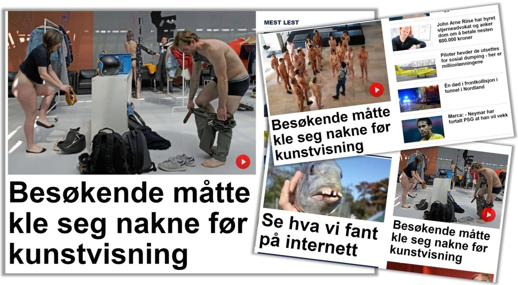 KLAR PRIORITERING: En fem dager gammel NTB-sak om nudister står tre steder på Nettavisens forside fredag 11. mai kl 19:09. KLAR PRIORITERING: En fem dager gammel NTB-sak om nudister står tre steder på Nettavisens forside fredag 11. mai kl 19:09.