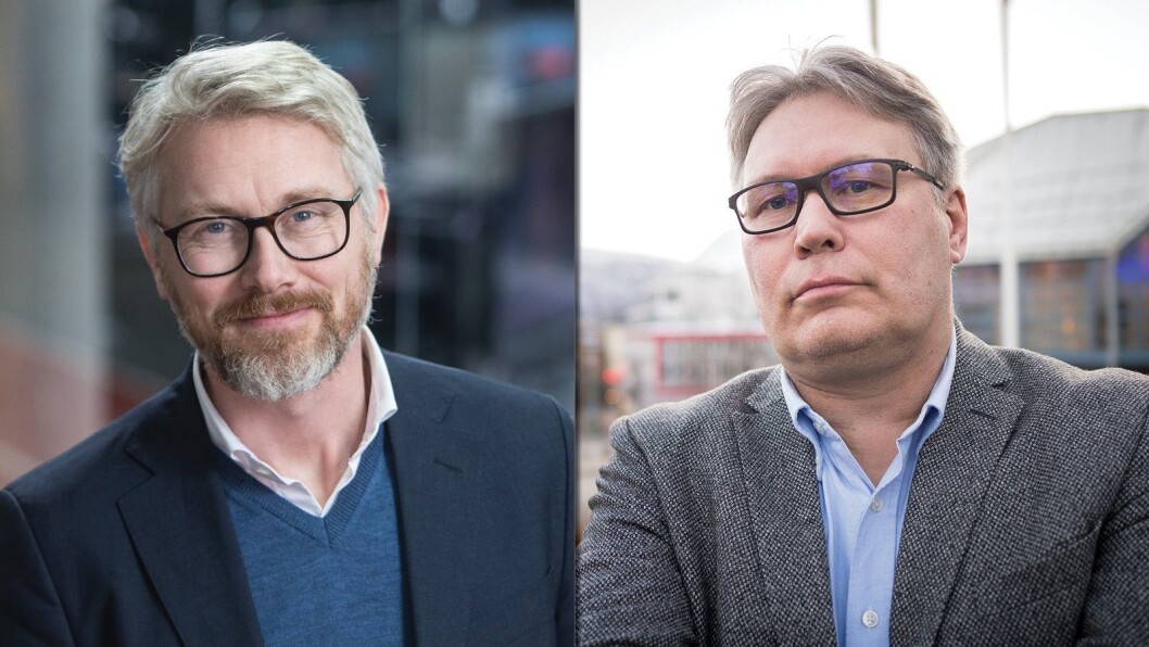 TV 2-sjef Olav Sandnes og politisk redaktør Skjalg Fjellheim i Nordlys. TV 2-sjef Olav Sandnes og politisk redaktør Skjalg Fjellheim i Nordlys.