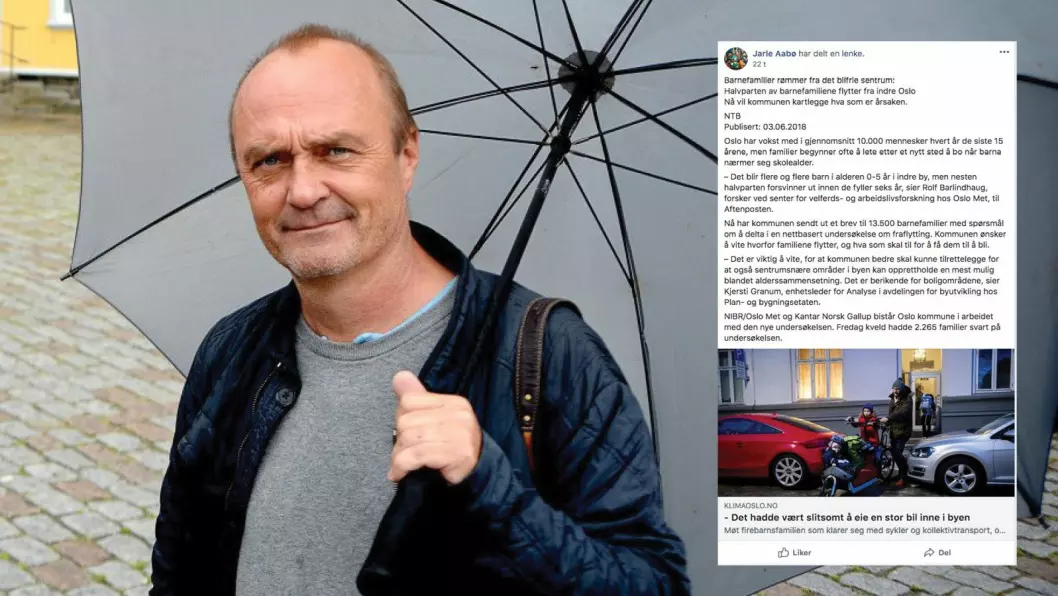Jarle Aabø, ansvarlig for Facebook-gruppa Ja til bilen i Oslo. Innfelt er en skjermdump av søndagens innlegg, hvor de brukte en hel sak fra NTB.