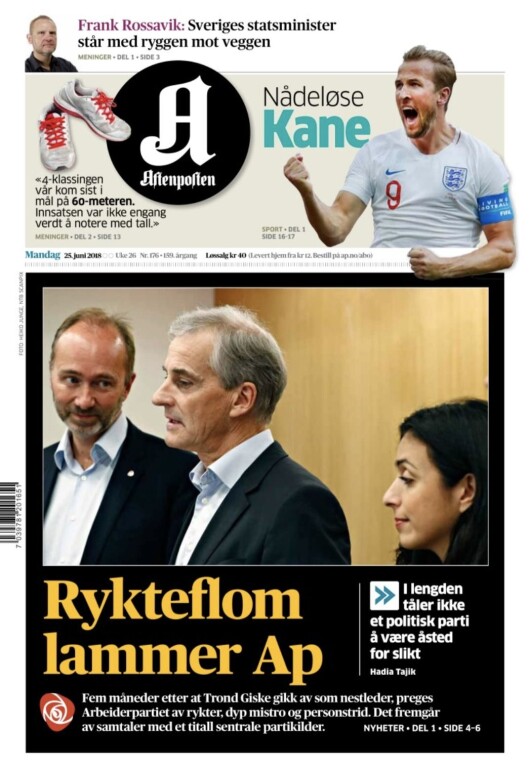 Dagens forside på Aftenposten. Dagens forside på Aftenposten.