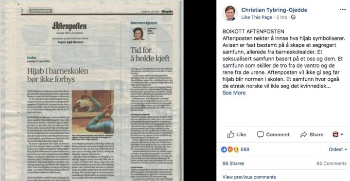 Skjermdump fra Christian Tybring-Gjeddes side på Facebook.