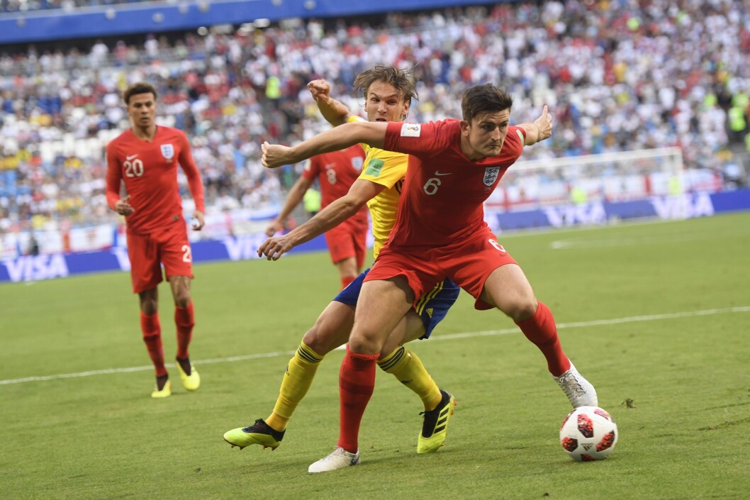 Albin Ekdal mot Harry Maguire under lørdagens kvartfinale mellom Sverige og England på Samara Arena under VM i fotball i Russland Albin Ekdal mot Harry Maguire under lørdagens kvartfinale mellom Sverige og England på Samara Arena under VM i fotball i Russland