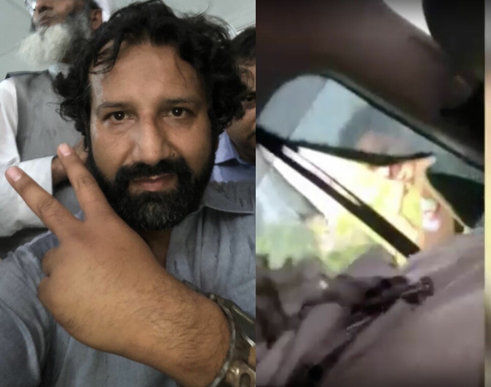 Kadafi Zaman la ut bildet til venstre mandag like før han ble satt fri. Til høyre vises en video der han blir slått av politiet.