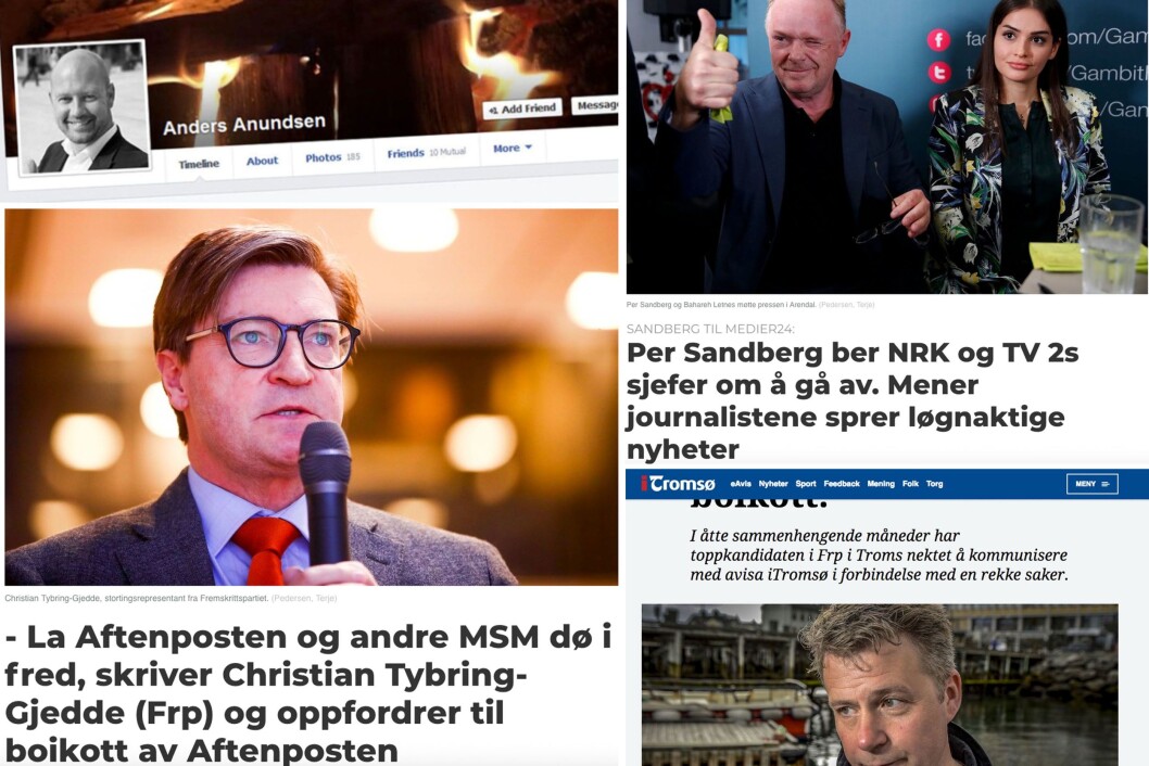 Avisutklipp der Fremskrittspartiets stortingsrepresentanter tar et knallhardt oppgjør med pressen. Avisutklipp der Fremskrittspartiets stortingsrepresentanter tar et knallhardt oppgjør med pressen.