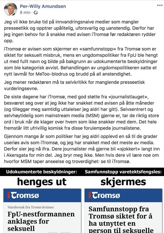 Skjermdump fra Per-Willy Amundsens Facebook Skjermdump fra Per-Willy Amundsens Facebook