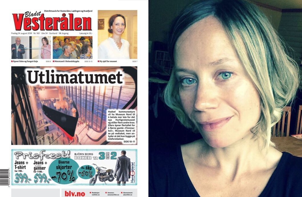 Dagens utgave av Bladet Vesterålen - og fungerende redaktør Inger Merete Elven. Dagens utgave av Bladet Vesterålen - og fungerende redaktør Inger Merete Elven.