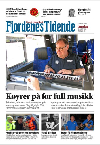 Faksimile av forsiden av Erling Waages helt egen utgave av Fjordenes Tidende. Faksimile av forsiden av Erling Waages helt egen utgave av Fjordenes Tidende.