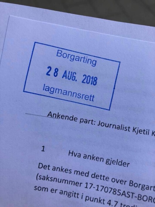 Kjetil Kolsruds anke - med stempel fra Borgarting lagmannsrett.