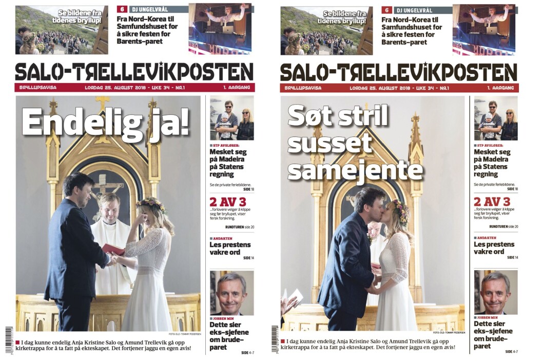 Ole-Tommy Pedersen vurderte to forskjellige forsider til bryllupsavisa. Den til venstre vant til slutt. Ole-Tommy Pedersen vurderte to forskjellige forsider til bryllupsavisa. Den til venstre vant til slutt.